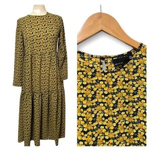 ASOS Yellow and Black Floral Long Sleeve Tiered Dress Size 6